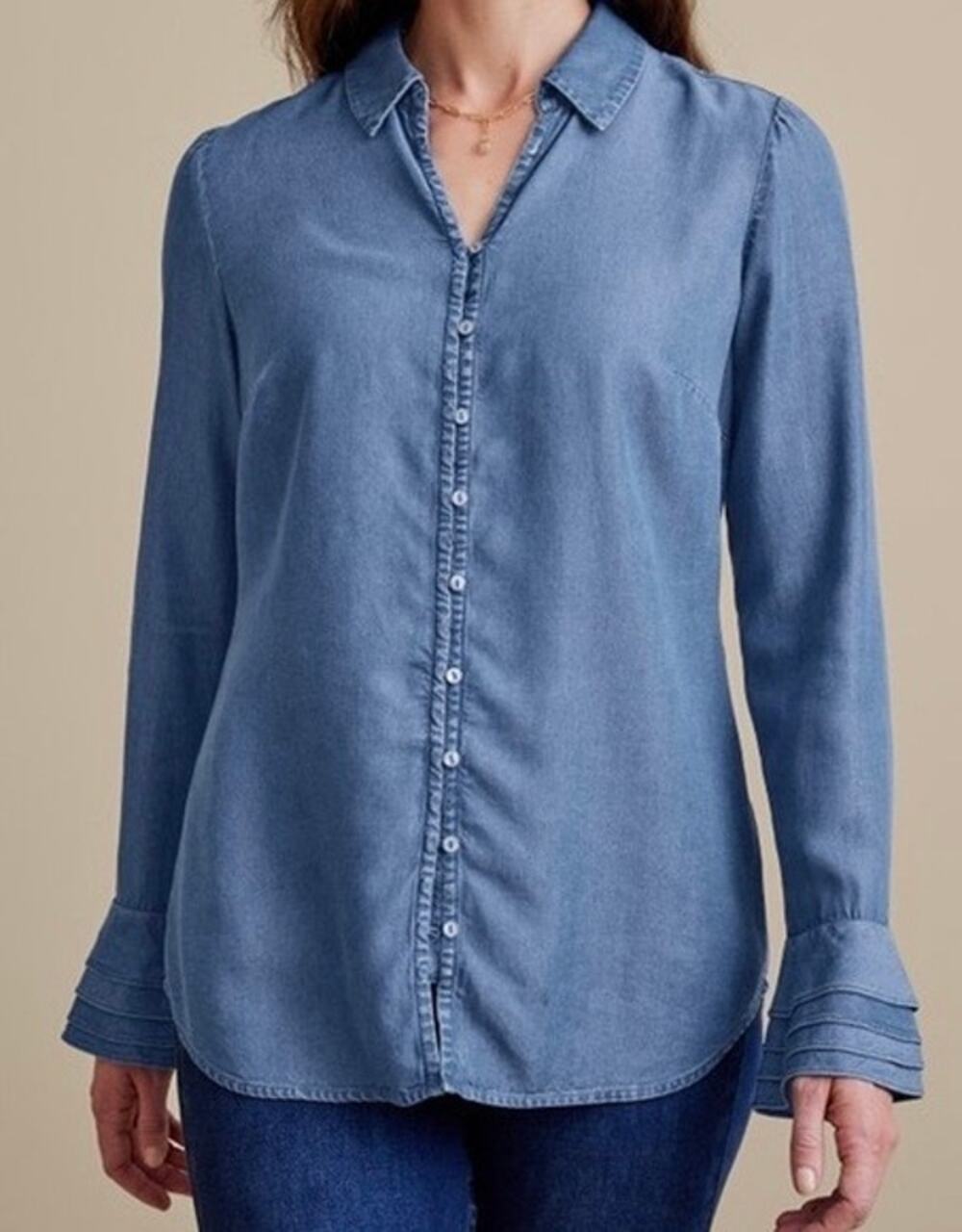 Soft Surroundings Sonnet TENCEL Shirt Blue Chambray Buttoned Blouse Size Medium